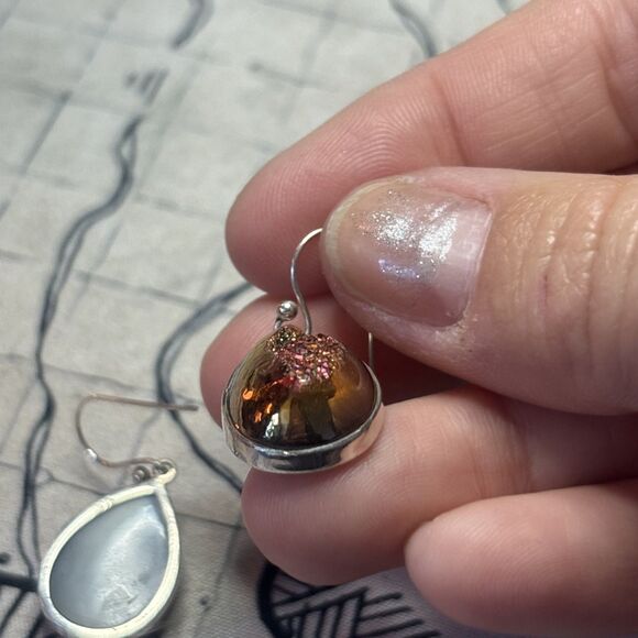 Rainbow Druzy 925 Sterling Silver Polished Stone Tear Drop Dangle Earrings - Picture 3 of 7